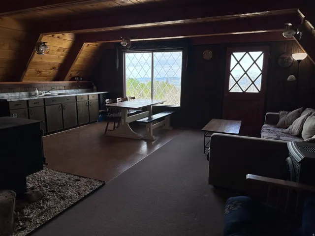 Interior space featuring a wood-paneled ceiling and walls, diamond-pane windows, wood-finish flooring, a built-in countertop with dark cabinetry, and a dark-paneled door with diamond-pane glass