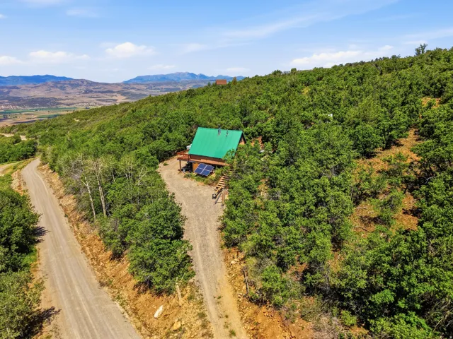 Hillside property featuring a cabin-style residence with a green metal roof and a wood-finish exterior