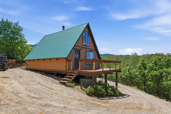 A-frame style residence featuring a green metal roof and wood siding