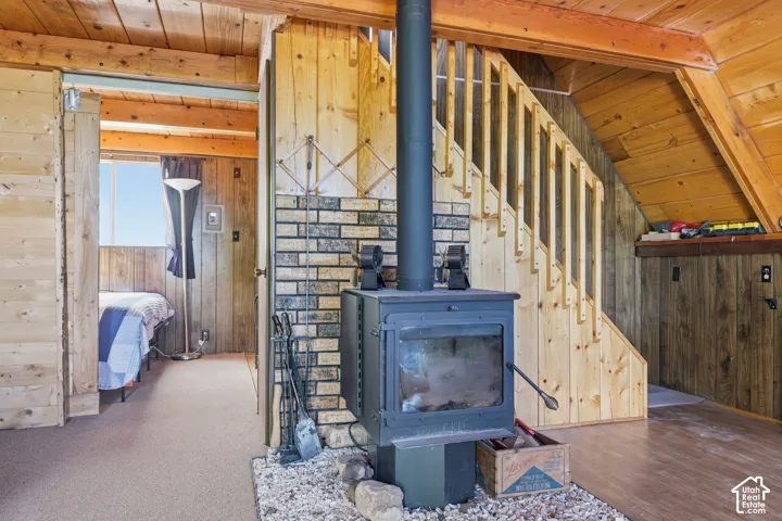 Wood-burning stove with a brick-finish backdrop