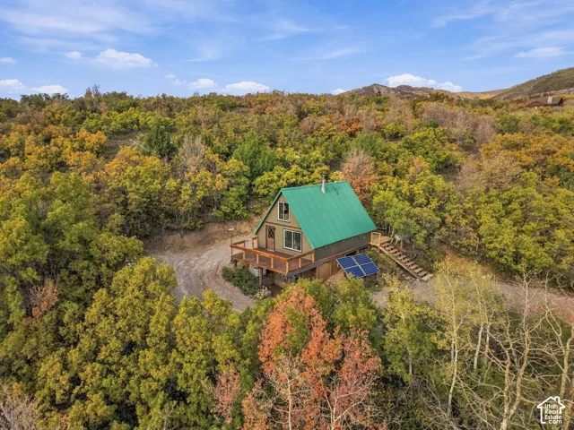 A-frame home with a green metal roof, wood siding, and an expansive deck