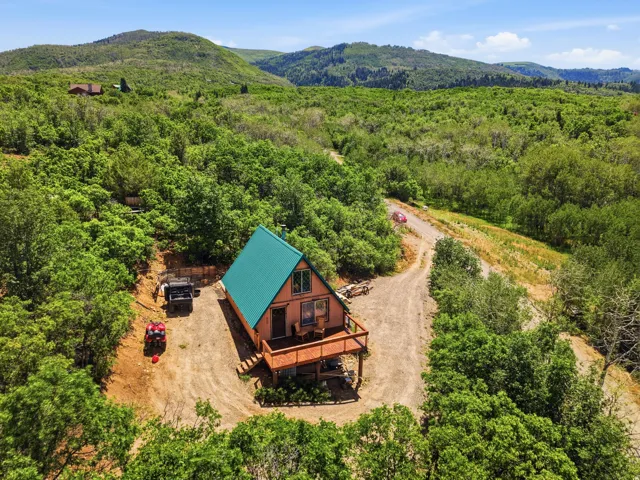 A-frame structure featuring a teal metal roof and wood siding