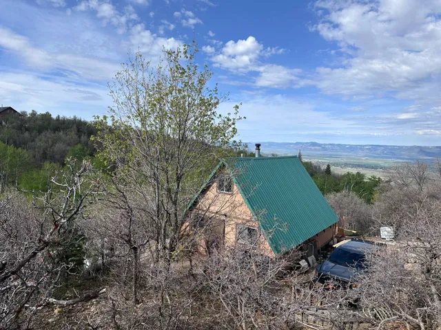 Mountainside residence featuring a green metal roof and a prominent chimney