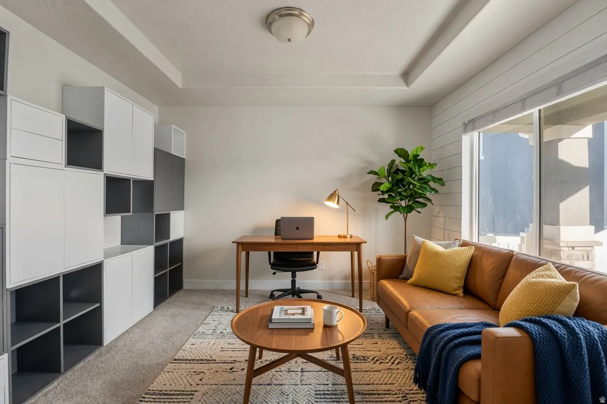 Dedicated office space featuring built-in modular shelving, wood-finish desk, and large window with shiplap accent wall