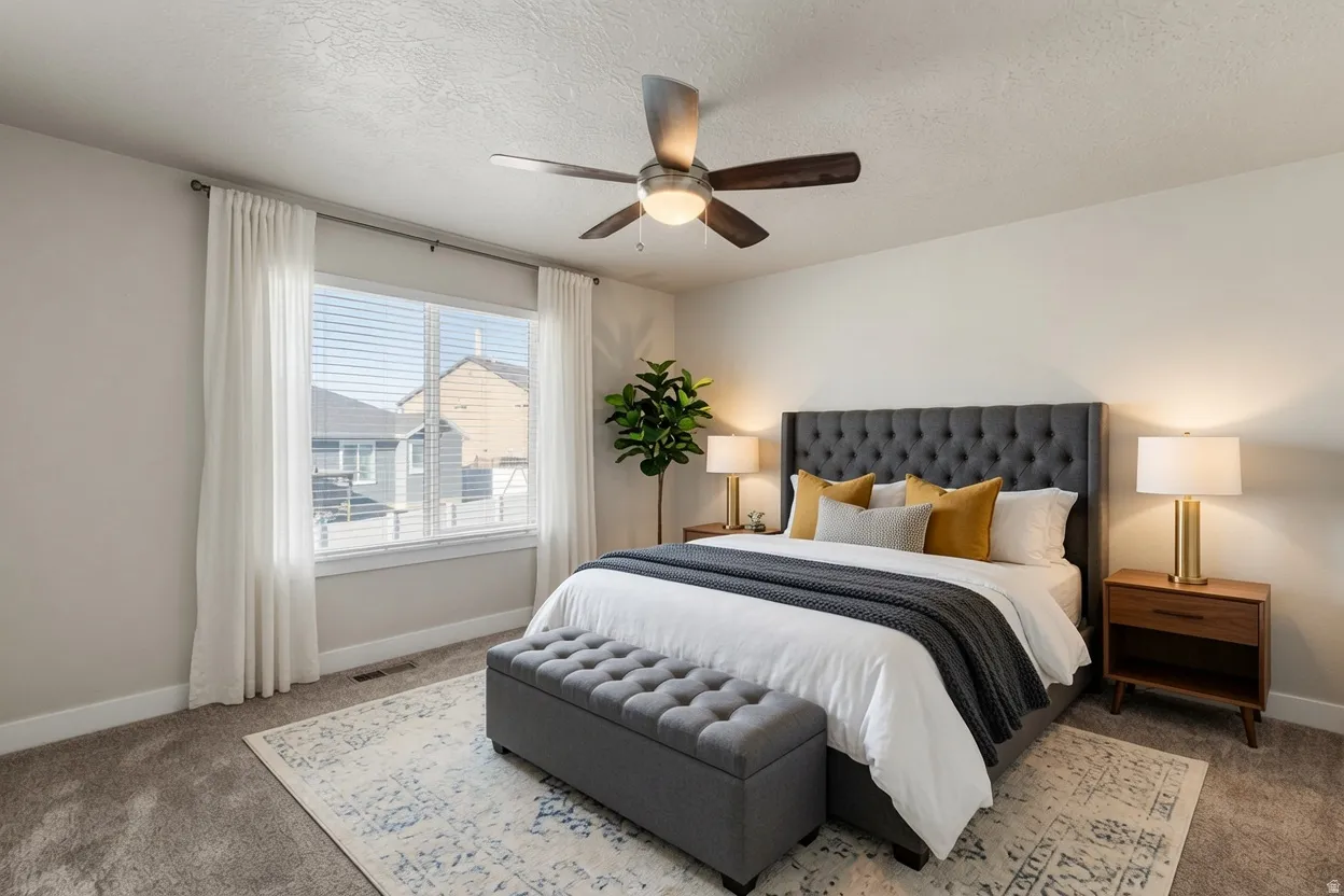 Carpeted bedroom featuring a large window with blinds, a ceiling fan with integrated lighting, a built-in upholstered headboard, and neutral wall tones