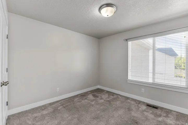 Neutral-toned room featuring a large window with horizontal blinds, gray textured carpet, white baseboards, and a flush-mount ceiling light fixture