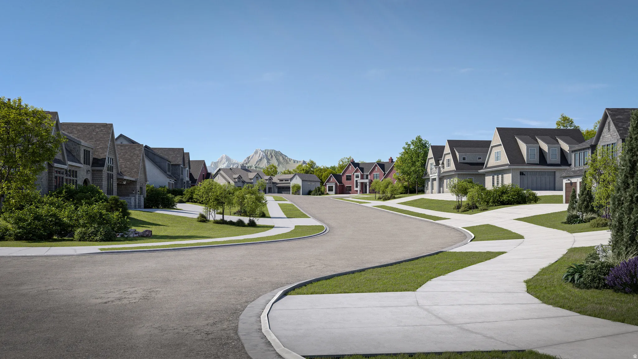 Paved residential street with concrete sidewalks, manicured lawns, and mature landscaping