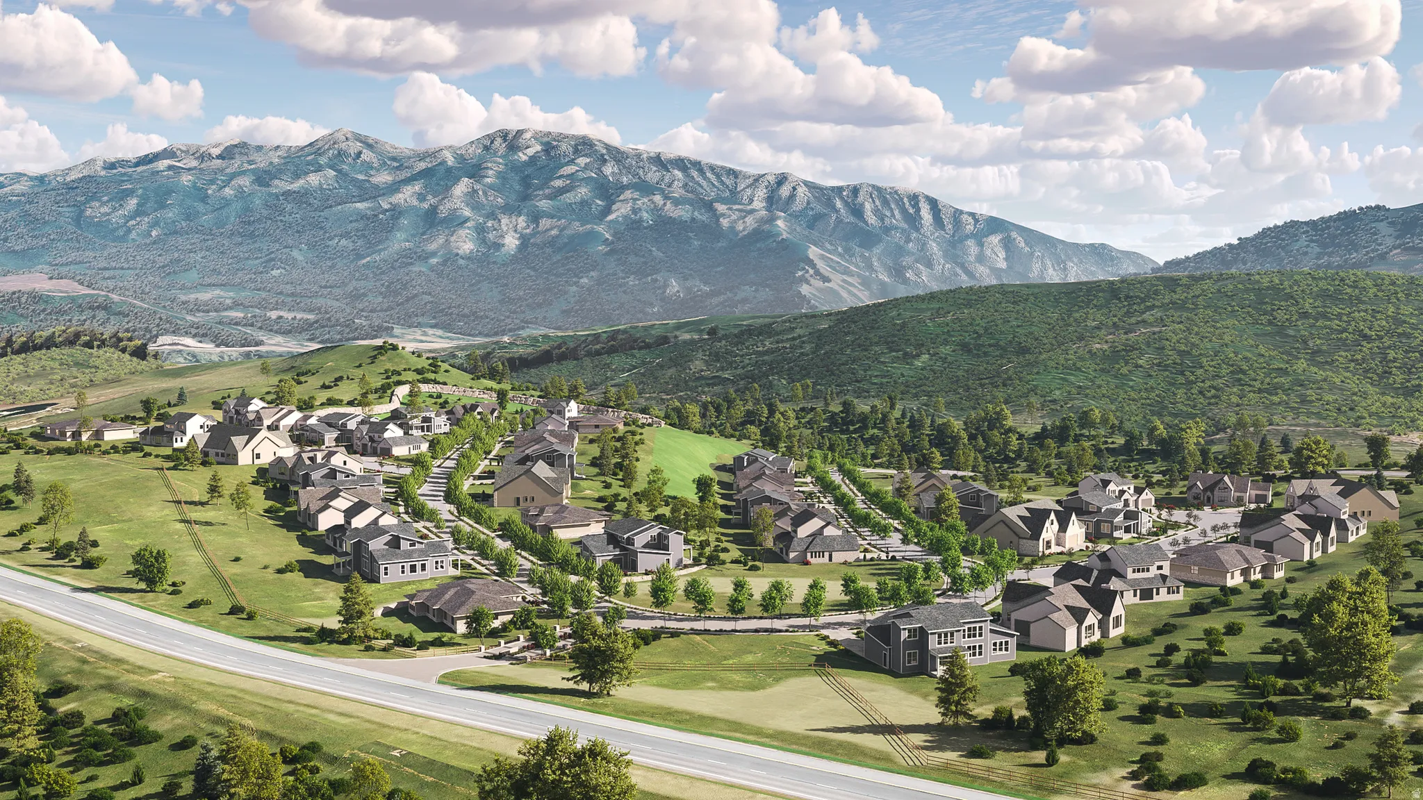 Expansive community situated in a mountainous landscape, featuring multiple residential structures with varied architectural styles