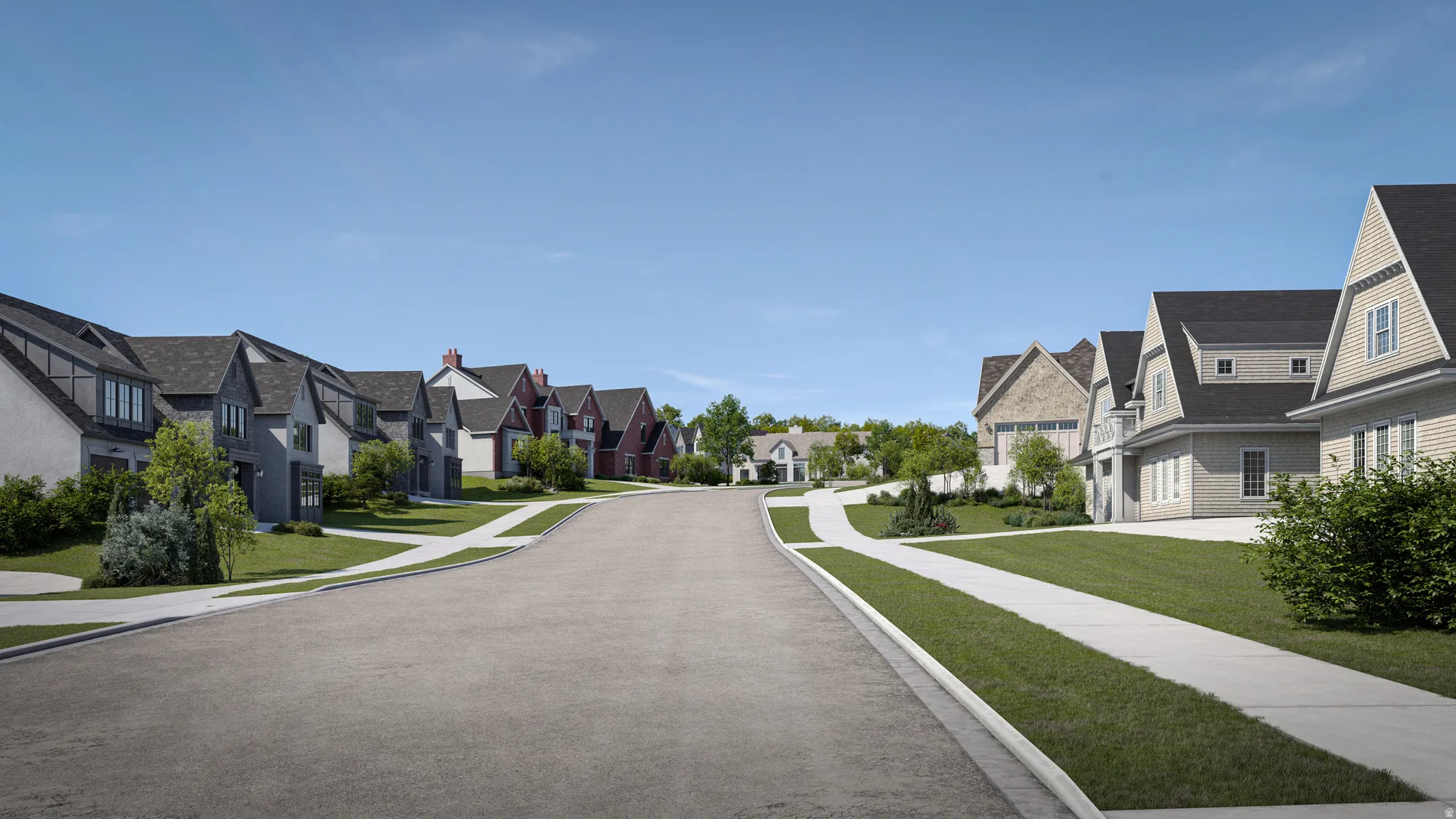 Streetscape featuring diverse architectural styles, concrete sidewalks, and manicured lawns
