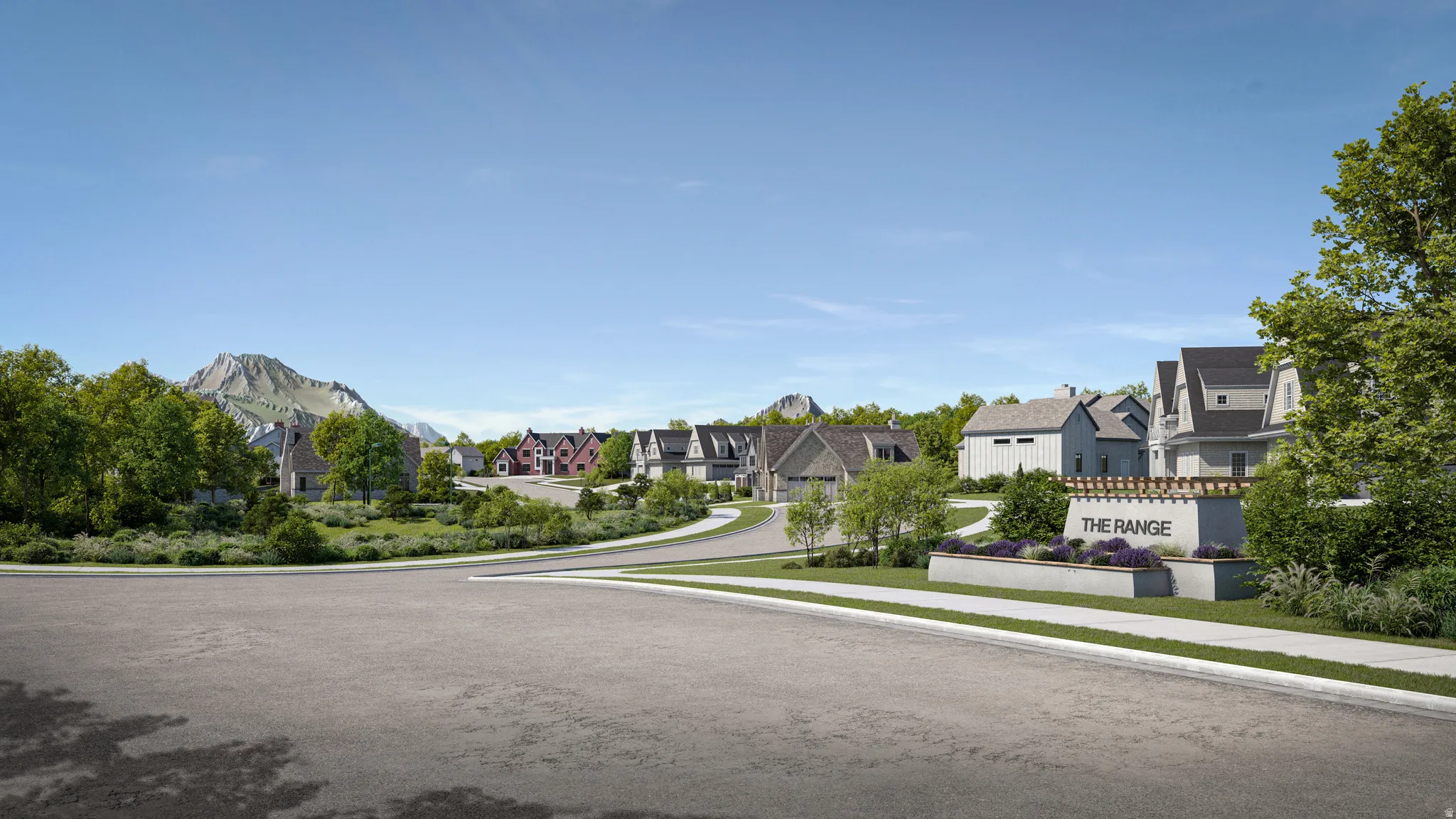 The Range community entrance featuring a stone sign with integrated landscaping