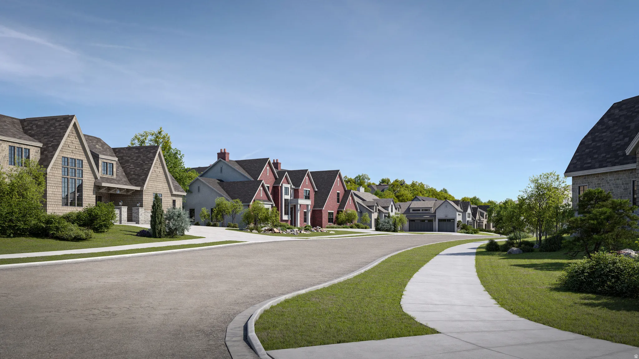 Tree-lined residential street featuring diverse architectural styles, concrete sidewalks, and well-maintained lawns