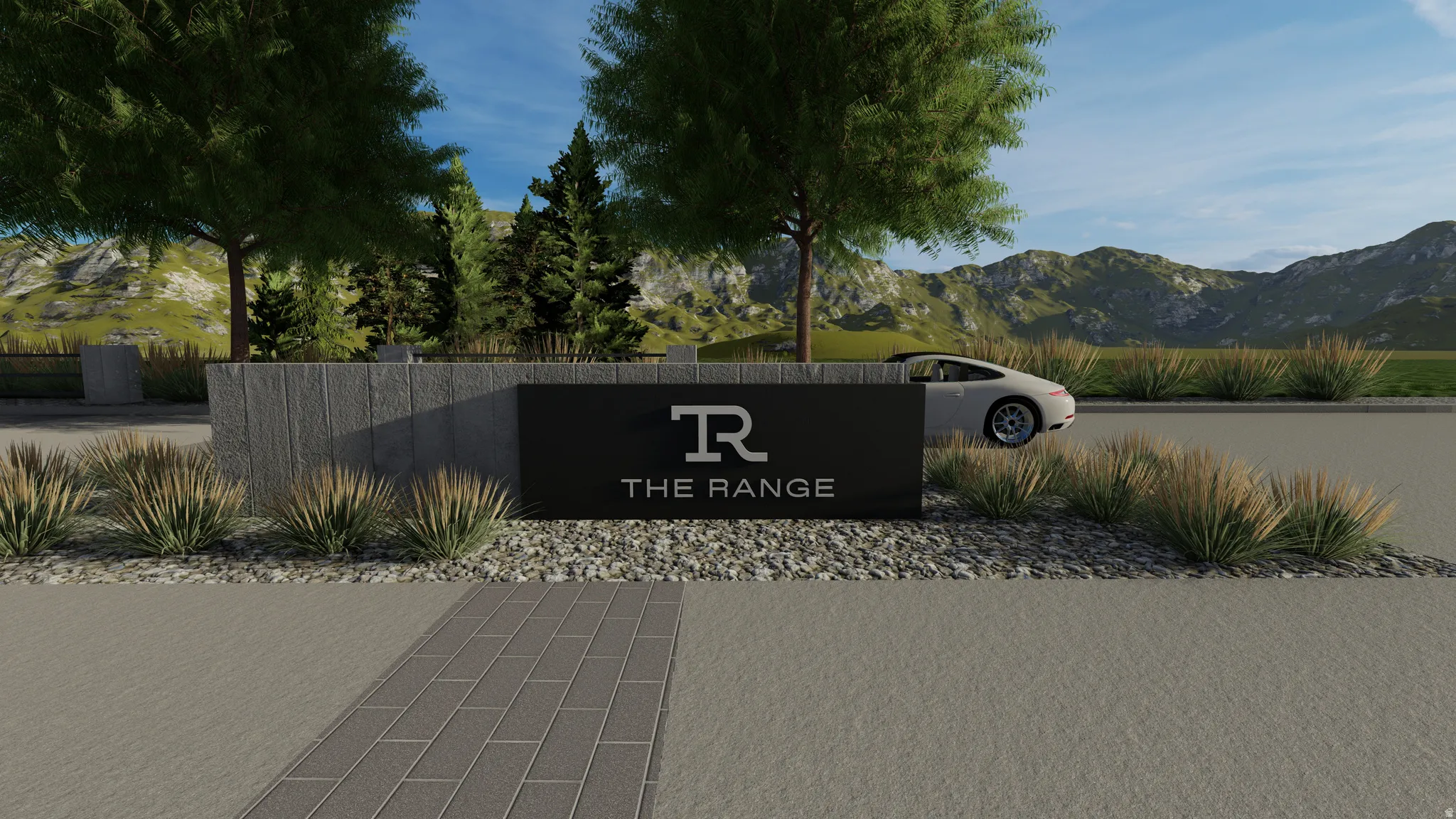 Modern stone monument signage with integrated dark paneling