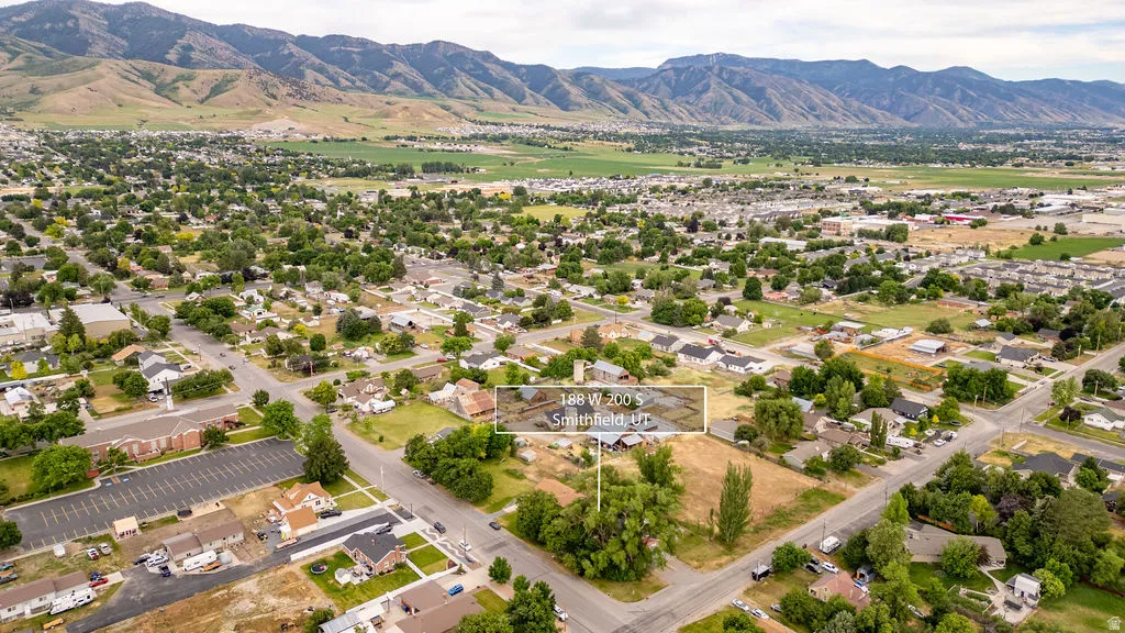 Expansive aerial perspective showcasing a residential district with mature trees and mountain scenery