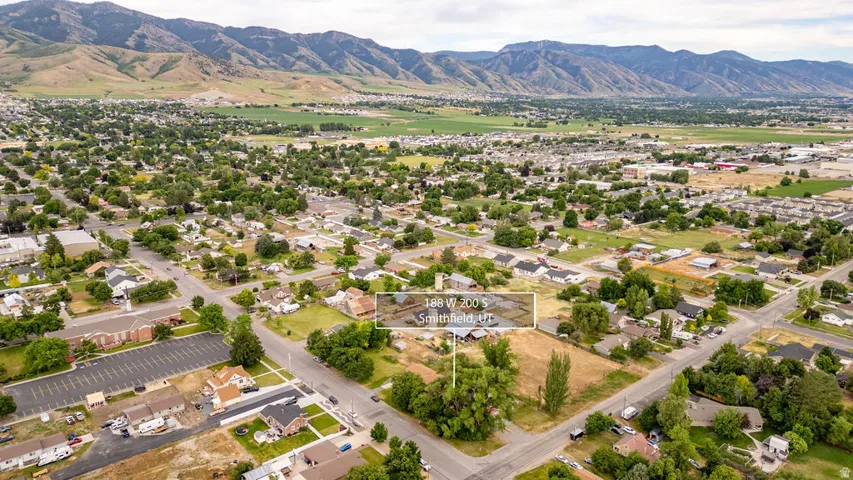 Expansive aerial perspective showcasing a residential district with mature trees and mountain scenery