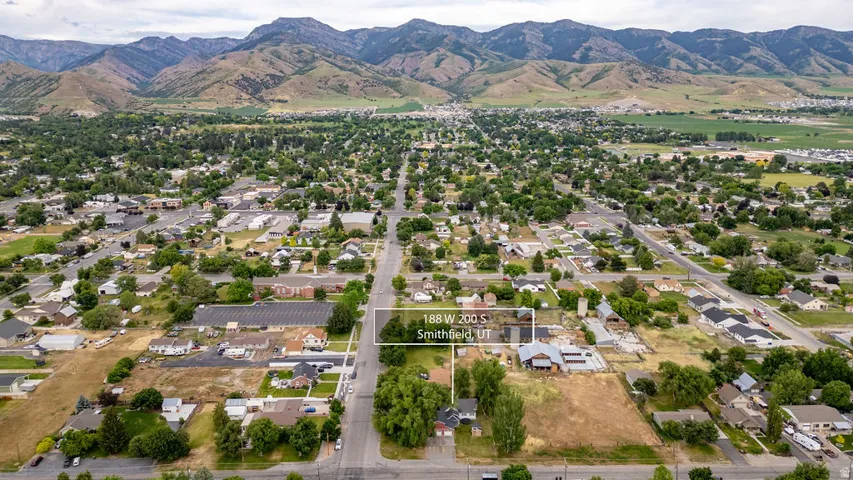 Aerial perspective showcasing a residential neighborhood with established street grids and mature tree canopies