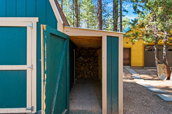 Freestanding wood storage shed with teal exterior siding and light-colored trim