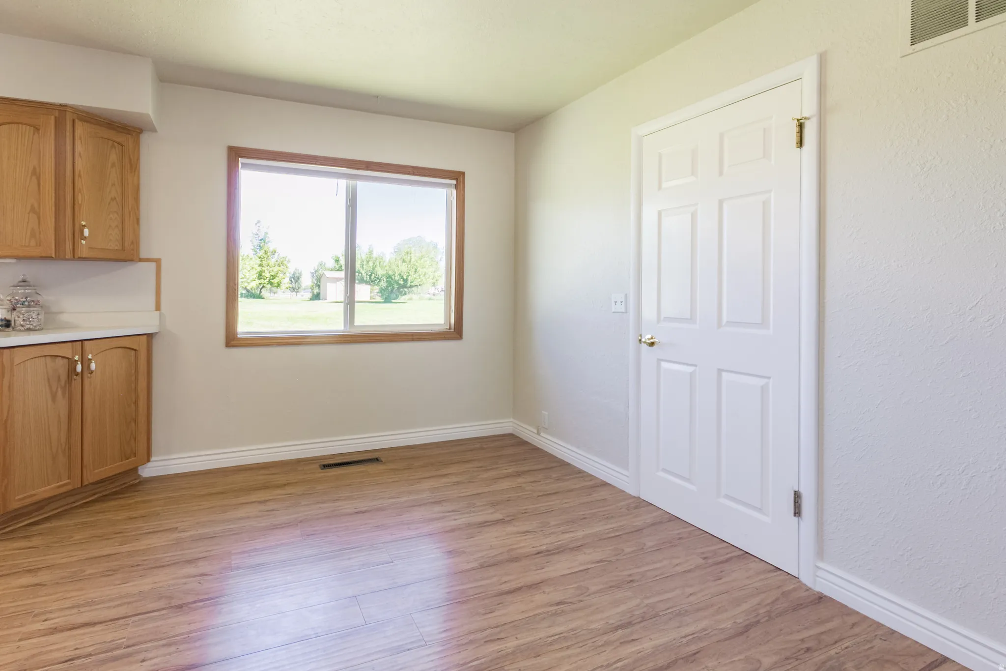 Wood-finish flooring throughout, featuring light-toned walls, a white six-panel door, and a brown-framed window