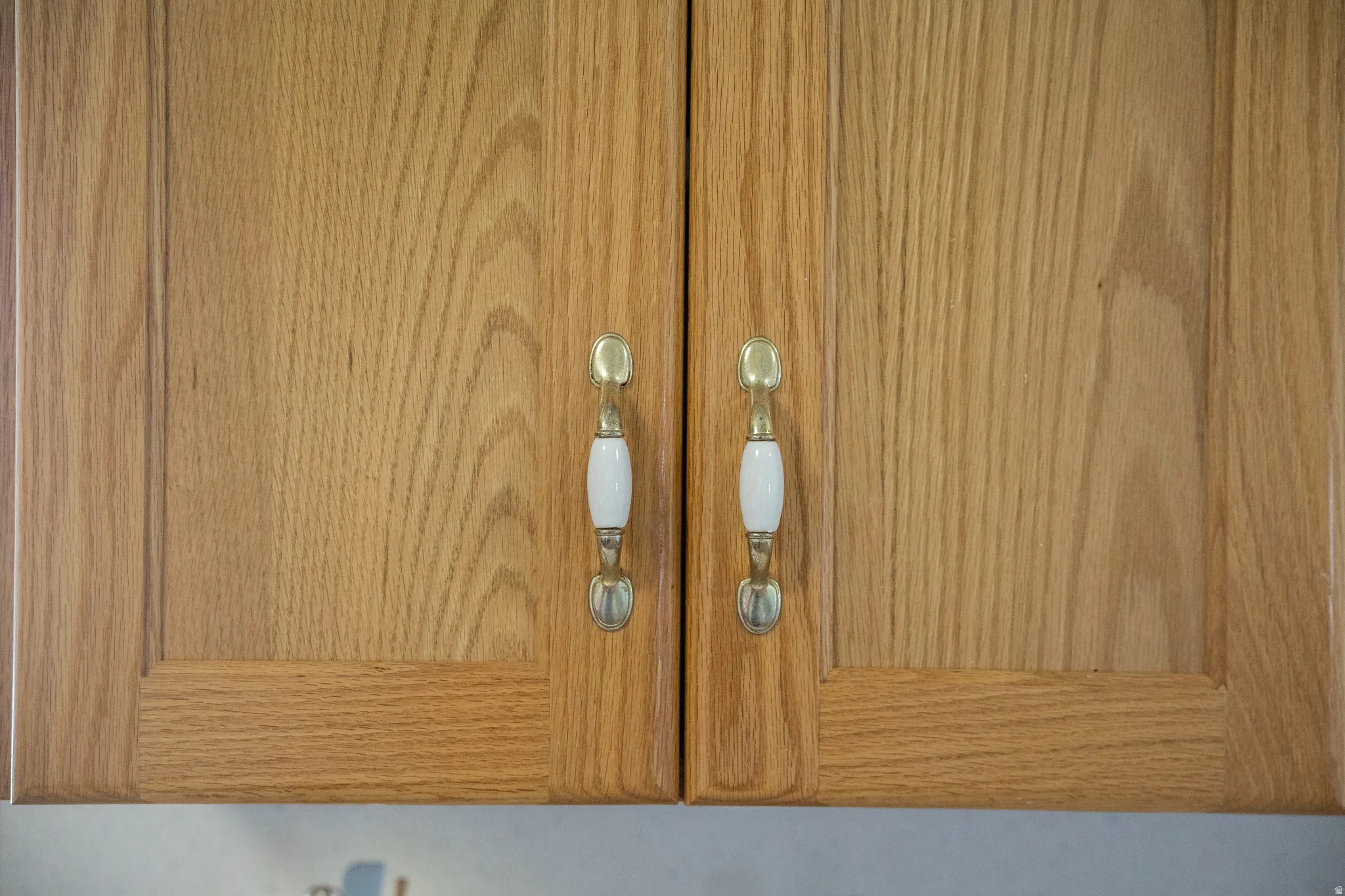 Wood-finish cabinetry with recessed panel doors and decorative hardware featuring white ceramic and brass accents