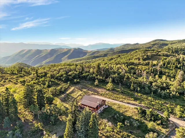 Rustic mountain home with a gable roof, surrounded by mature trees and lush green vegetation