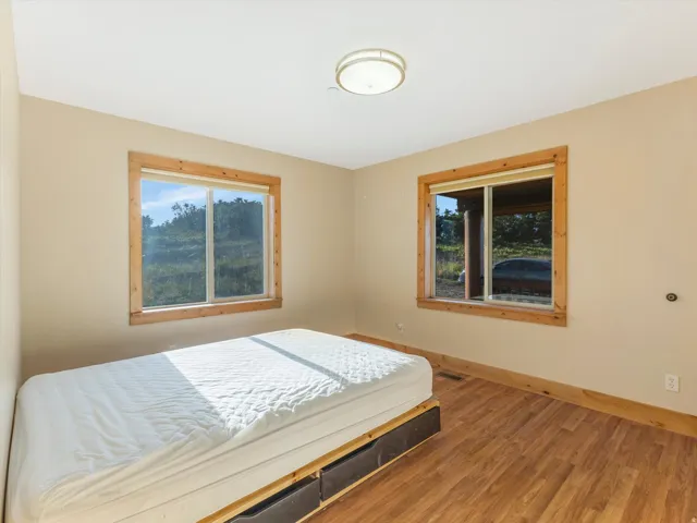 Room featuring wood-finish flooring, two windows with natural wood trim, light beige wall paint, and a flush-mount ceiling light fixture