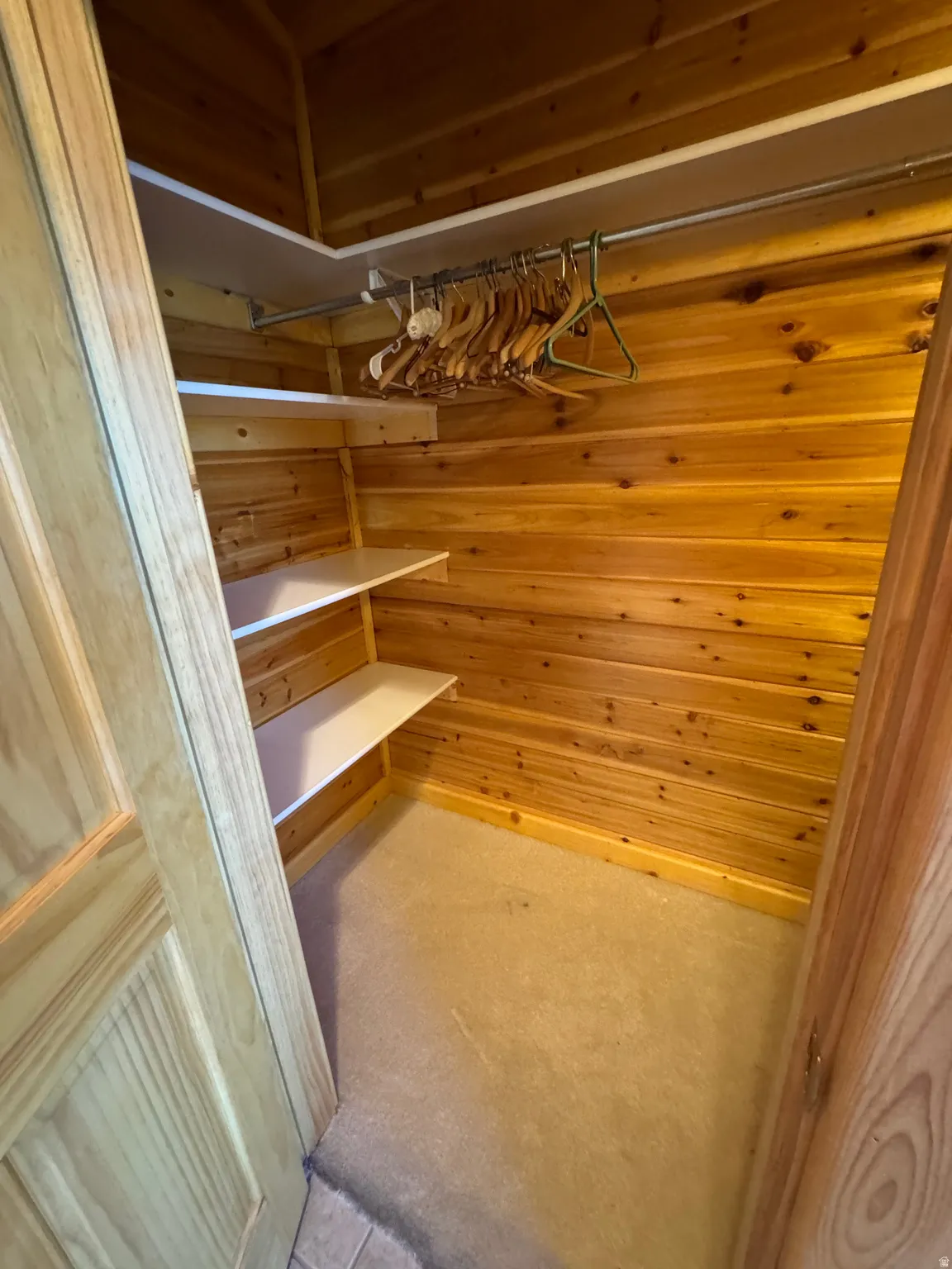Cedar-paneled closet featuring a clothing rod and multiple white shelving units over a carpeted floor