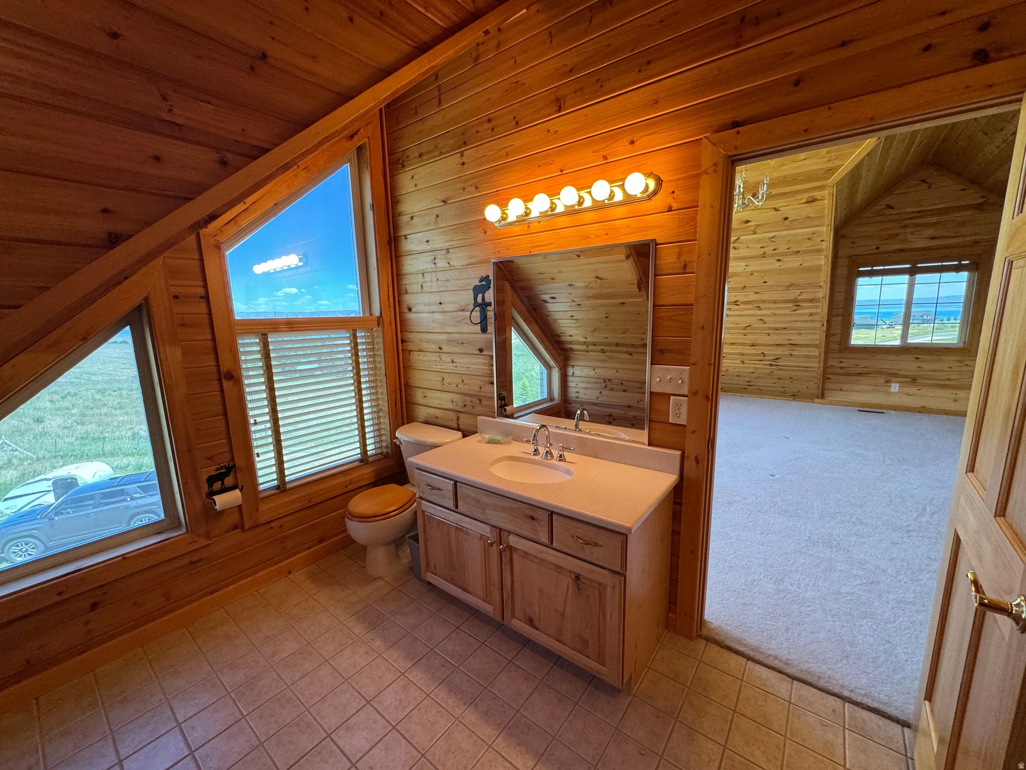 Cedar-paneled bathroom featuring a single vanity with a solid surface countertop, integrated sink, and an overhead light fixture