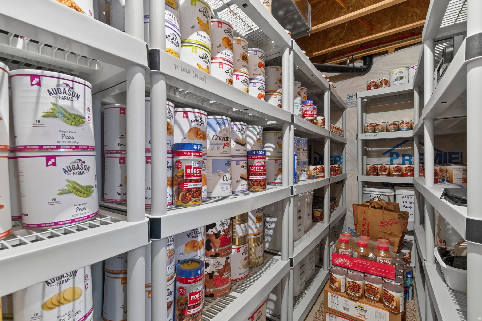 Spacious pantry area featuring extensive white wire shelving, exposed wood joists, and visible utility conduits