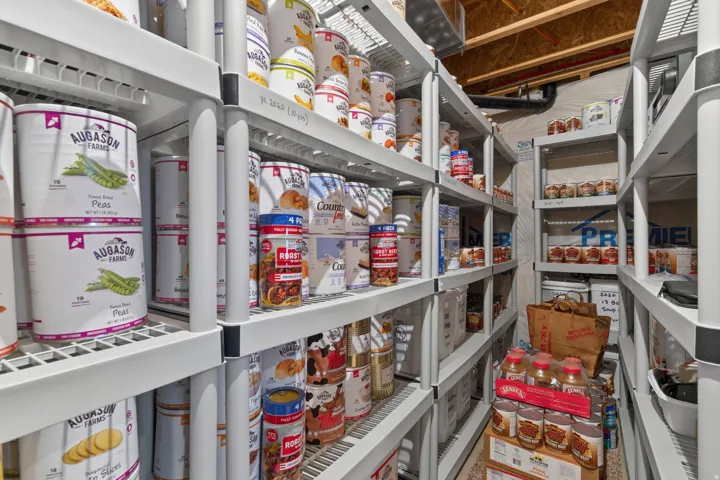 Spacious pantry area featuring extensive white wire shelving, exposed wood joists, and visible utility conduits