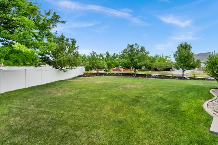 Expansive backyard featuring a manicured lawn, white privacy fencing, a landscaped rock border, mature trees, and a concrete edge