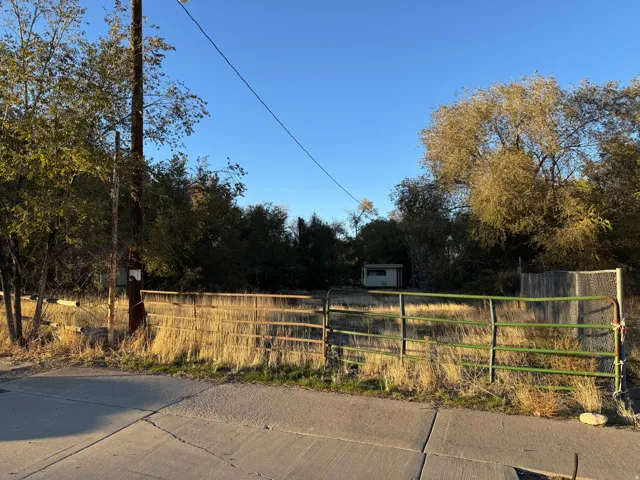 Fenced property featuring a utility shed and mature trees