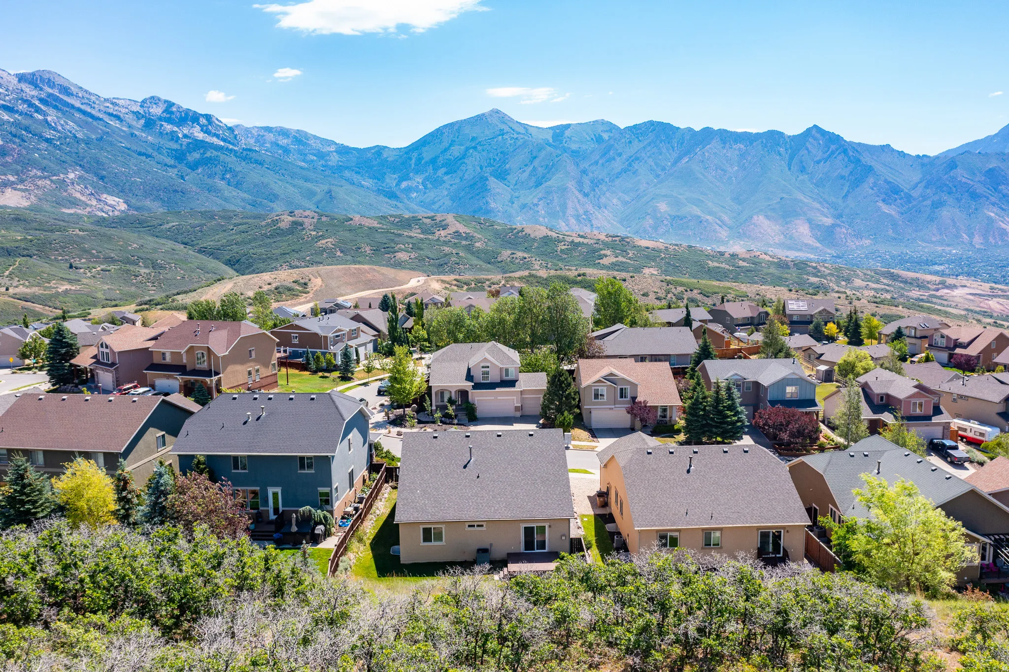 Residential neighborhood featuring diverse architectural styles and mature landscaping, framed by expansive mountain terrain