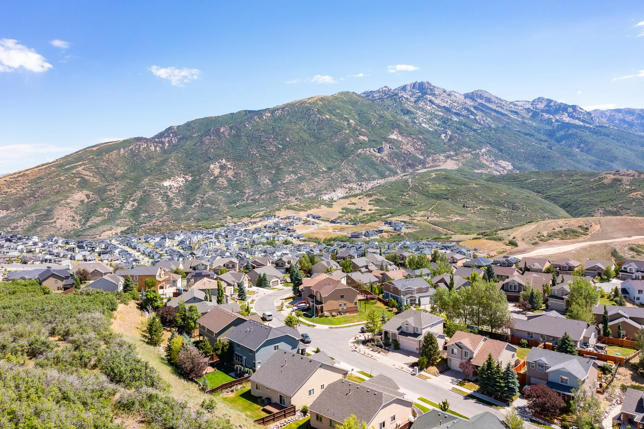 Expansive residential community featuring diverse architectural styles situated against a dramatic mountain range