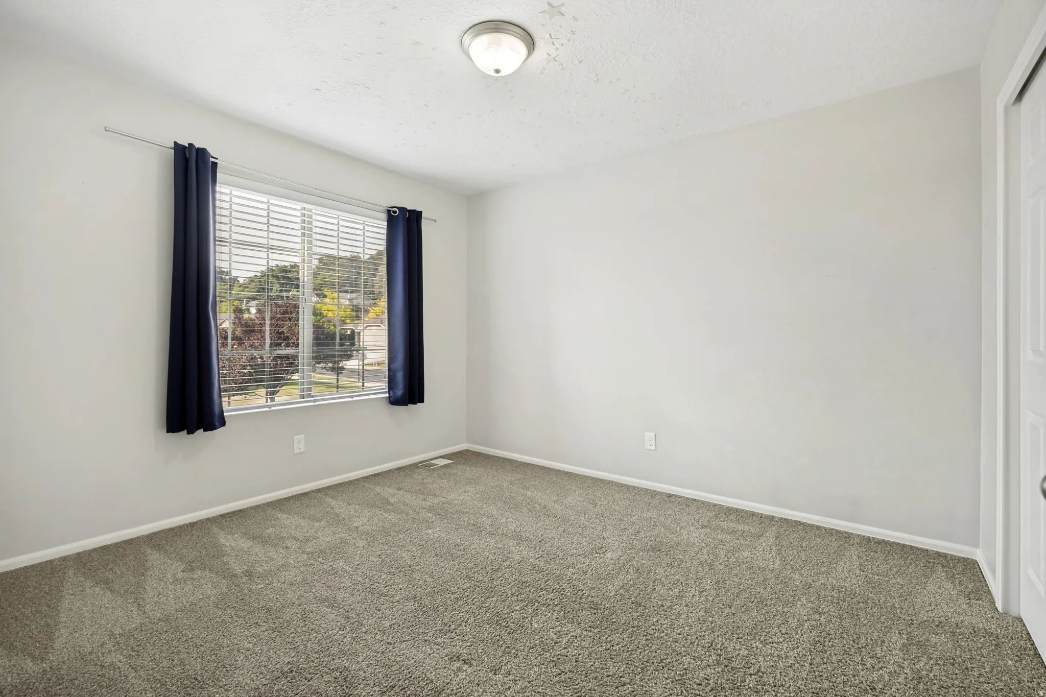 Spacious room featuring neutral carpeting, light wall tones, and a large window with horizontal blinds