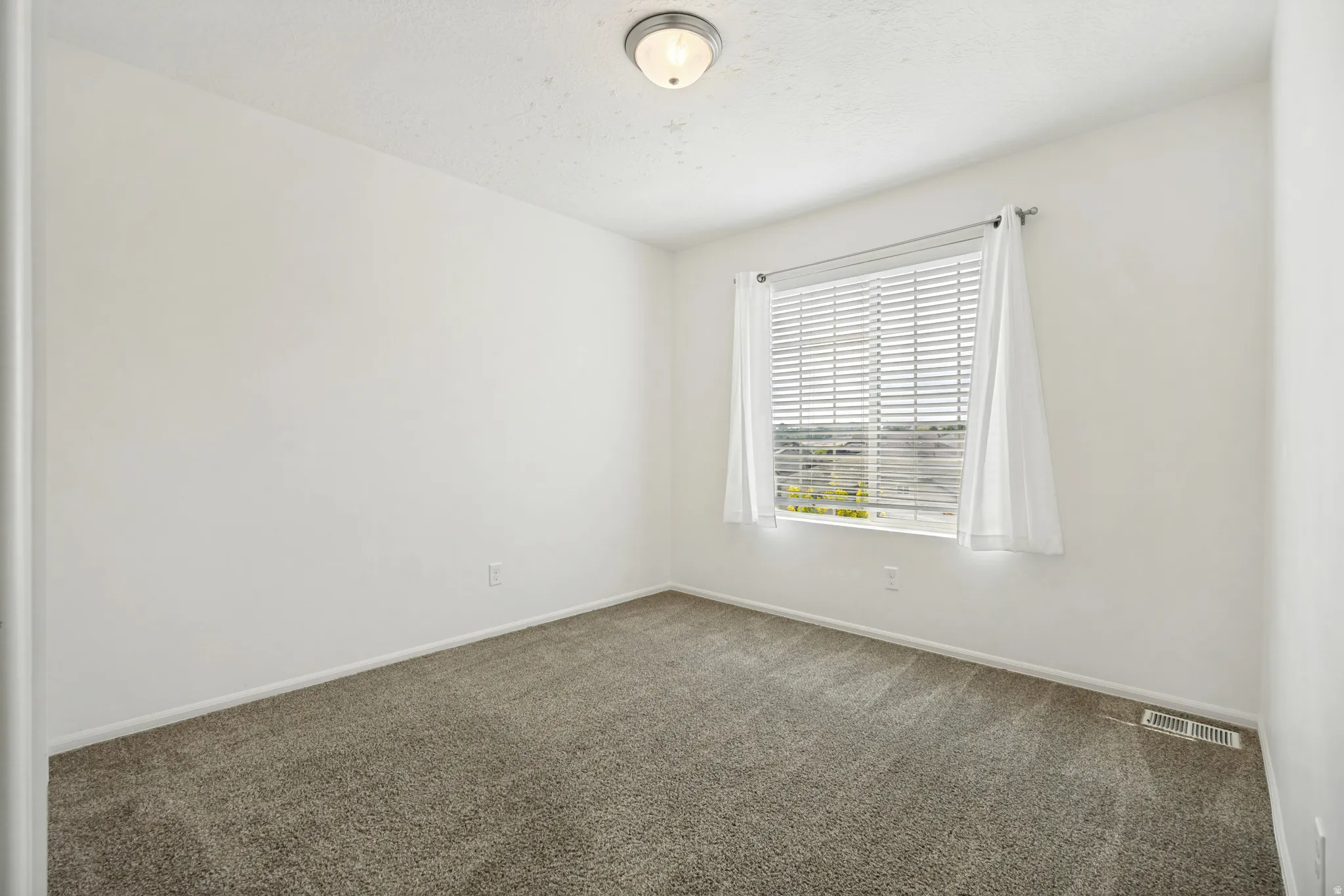 Bright interior space featuring a window with horizontal blinds, neutral wall paint, and plush carpeting