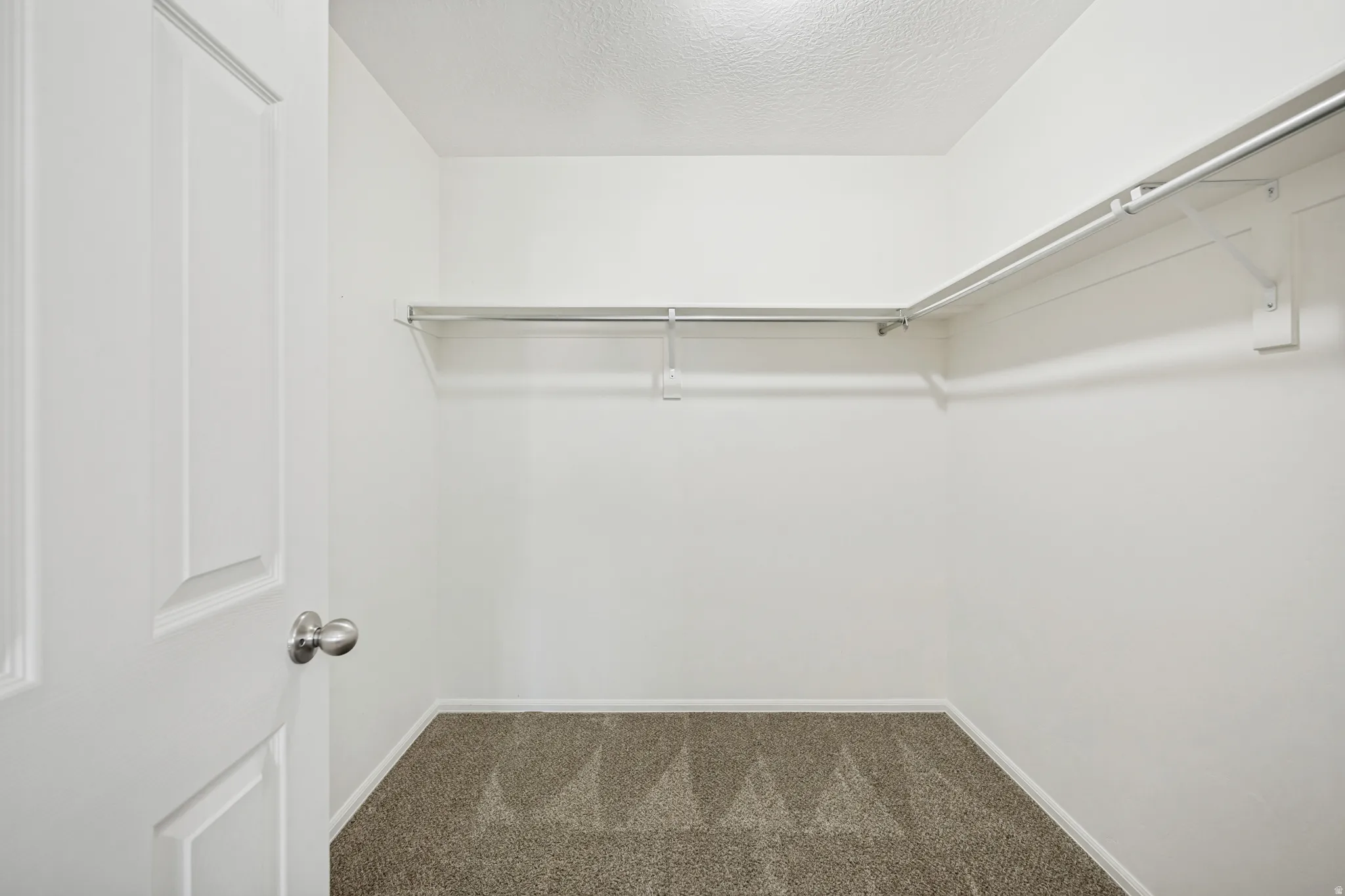 Walk-in closet featuring white walls, textured carpeting, and a built-in shelving system with hanging rods