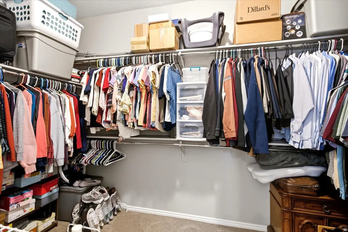 Walk-in closet featuring carpet flooring, white baseboards, and built-in shelving with multiple hanging rods