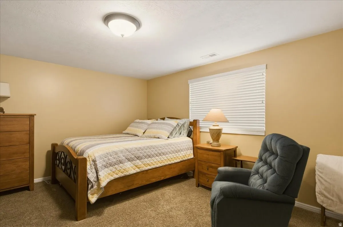 Carpeted room with a ceiling-mounted light fixture, neutral-toned walls, and a window fitted with white horizontal blinds