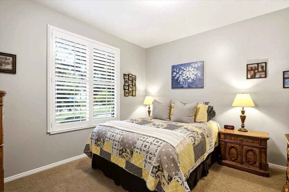 Well-lit room featuring a large window with white plantation shutters, neutral wall color, and plush carpet flooring