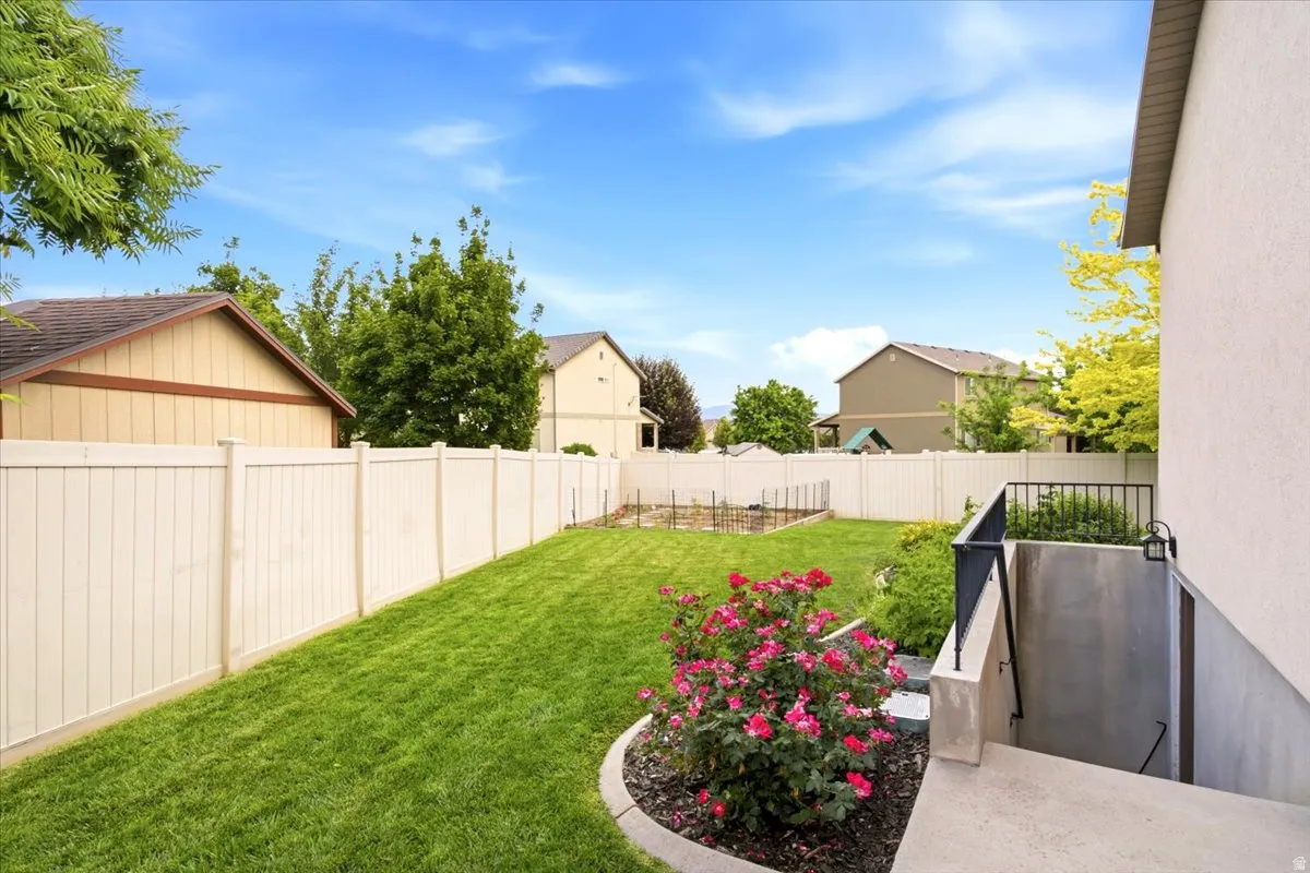 Expansive backyard featuring a green lawn, privacy fencing, a lower-level entrance, and established landscaping with rose bushes