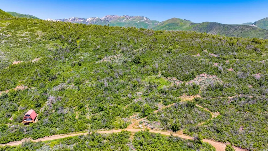 Expansive mountain property featuring varied terrain, a distant A-frame structure, and unpaved access paths