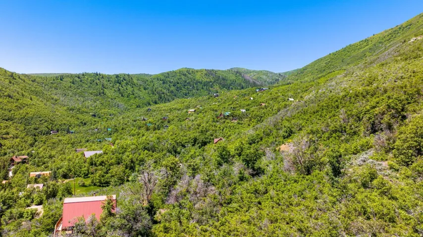 Expansive mountain landscape featuring dense green foliage and clear skies