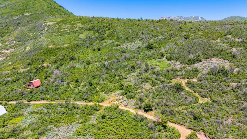 Expansive mountainous terrain featuring natural vegetation, a dirt road, and a distant structure with a red roof