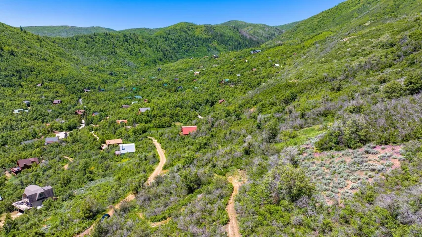 Hillside terrain with natural foliage, visible dirt roads, and scattered residential structures