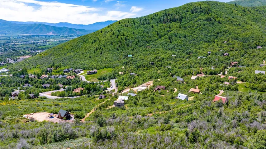 Expansive mountain landscape featuring varied terrain and numerous residential properties nestled among abundant greenery