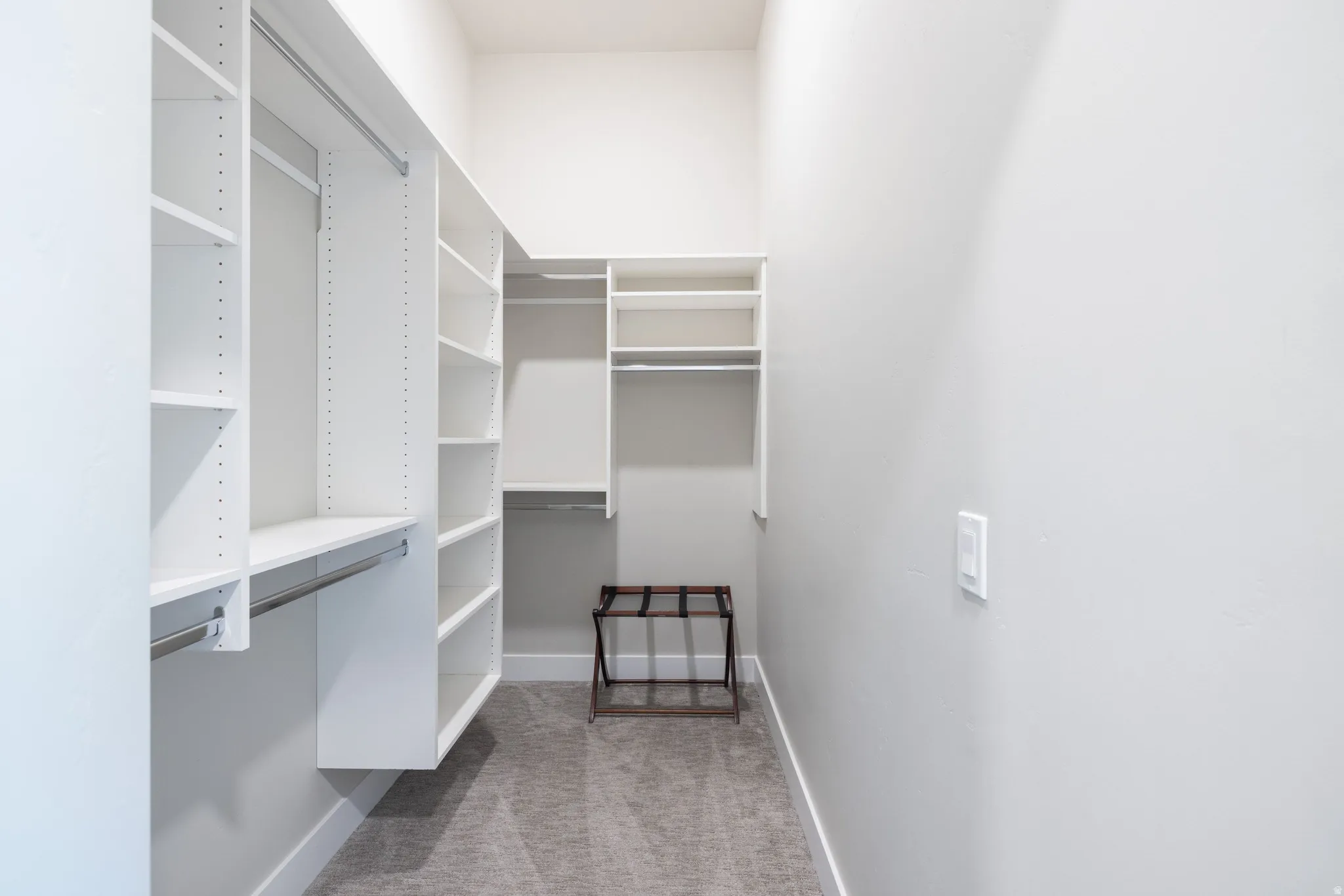 Walk-in closet featuring extensive built-in shelving, multiple hanging rods, recessed lighting, and carpet flooring