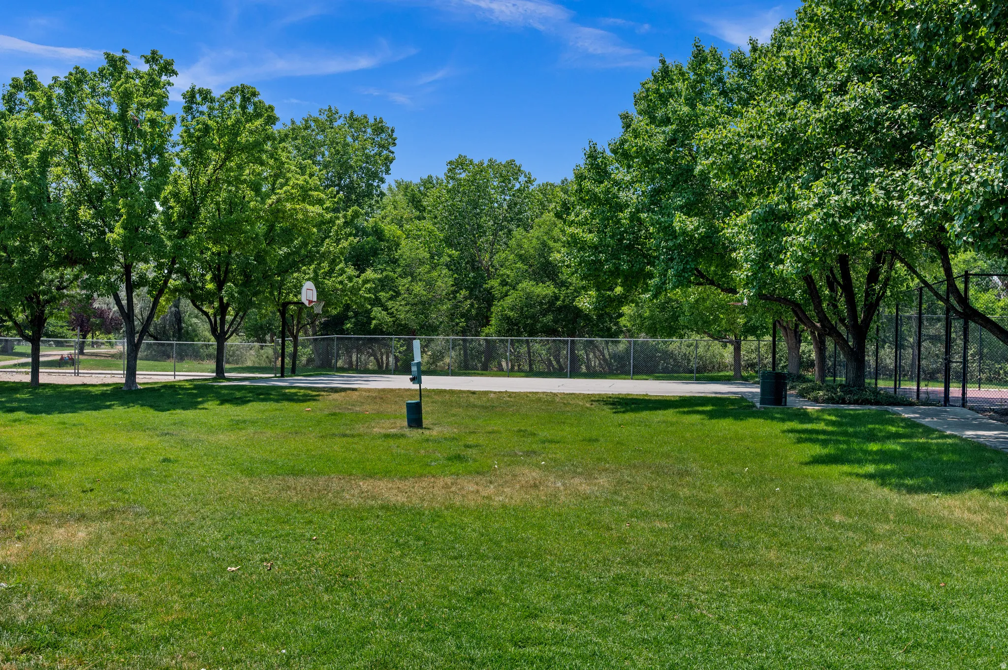 Expansive green space featuring a manicured lawn, surrounding mature trees, and a visible basketball court