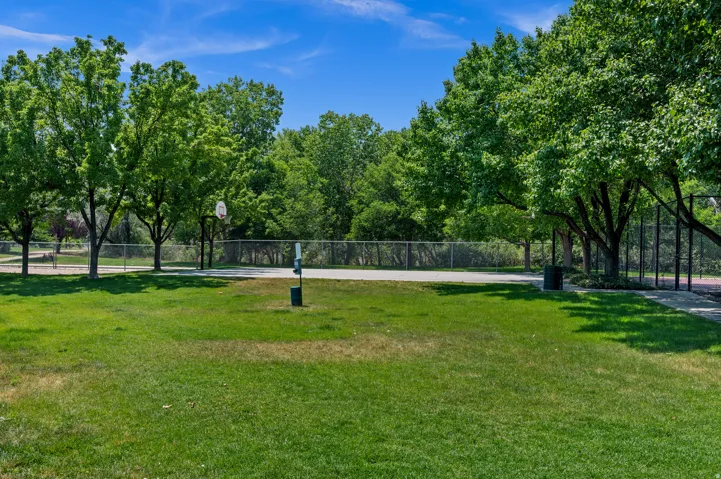 Expansive green space featuring a manicured lawn, surrounding mature trees, and a visible basketball court