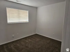 Carpeted interior room featuring a window with horizontal blinds, white baseboards, and neutral wall paint