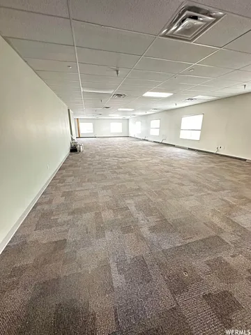 Spacious room featuring multiple windows, modular carpet flooring, and a suspended acoustic ceiling