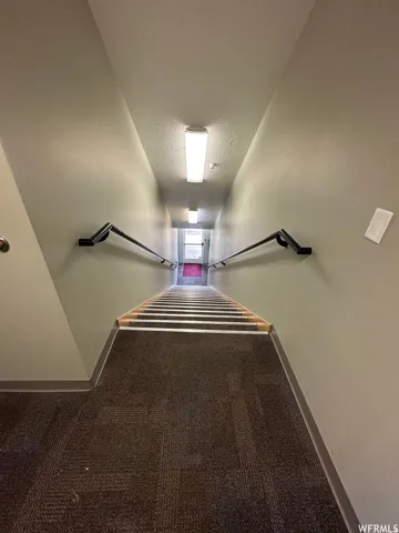 Stairwell featuring carpeted flooring, light-toned wall paint, and black metal handrails